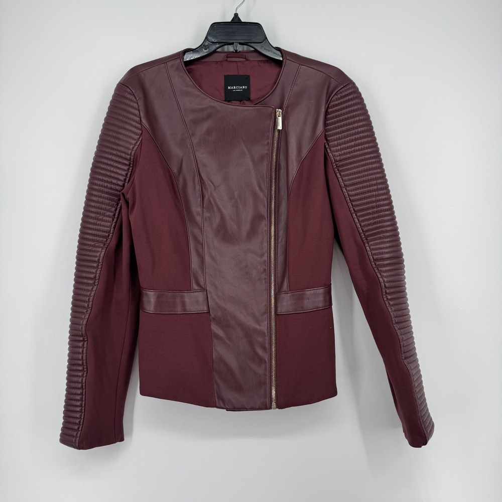 Marciano Los Angeles Burgundy Mixed Media Moto Jacket Faux Leather Peplum 46
